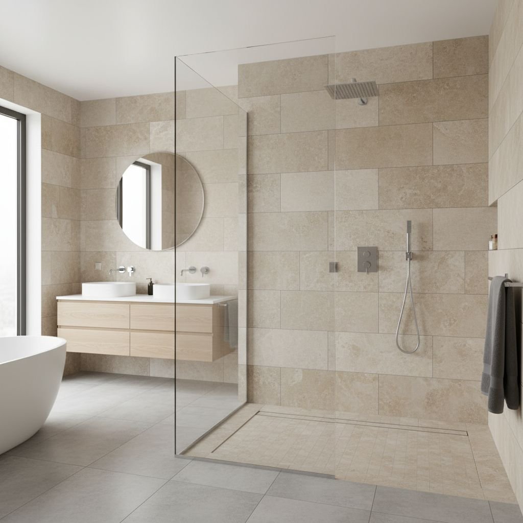 A contemporary bathroom featuring a spacious walk-in shower with neutral stone tiles and chrome fixtures.