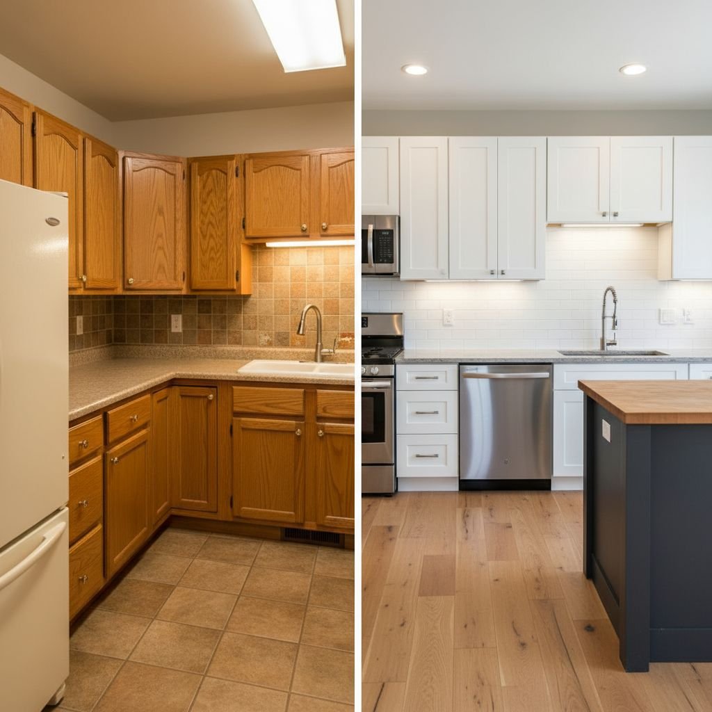 A side-by-side comparison of a dated oak kitchen and a modern refaced kitchen with white shaker doors