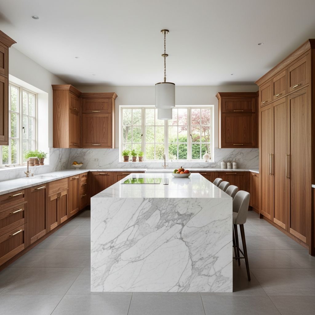 A spacious kitchen featuring warm walnut cabinets and a large marble island with natural lighting.