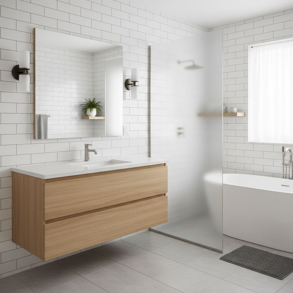 A clean, modern bathroom with white subway tiles and a natural wood vanity.