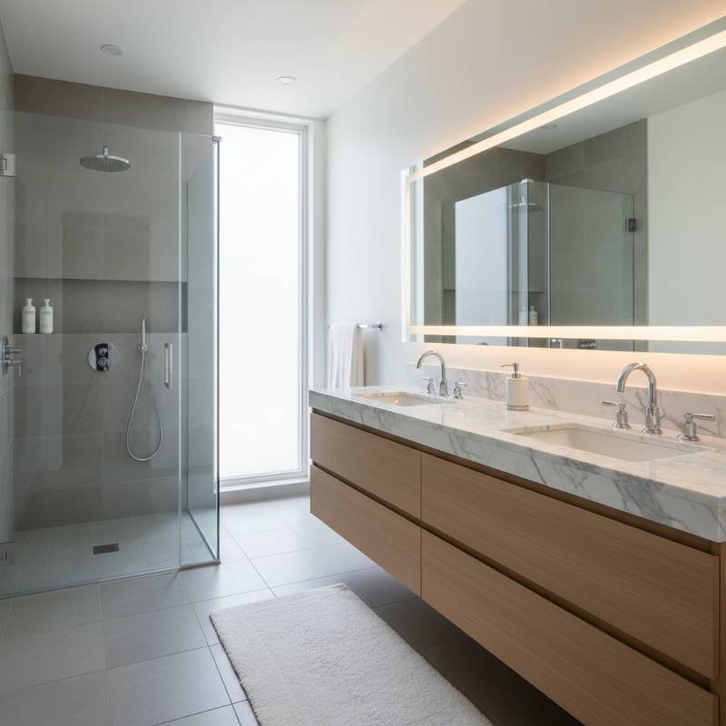 A modern, bright bathroom with marble countertops and updated chrome fixtures.