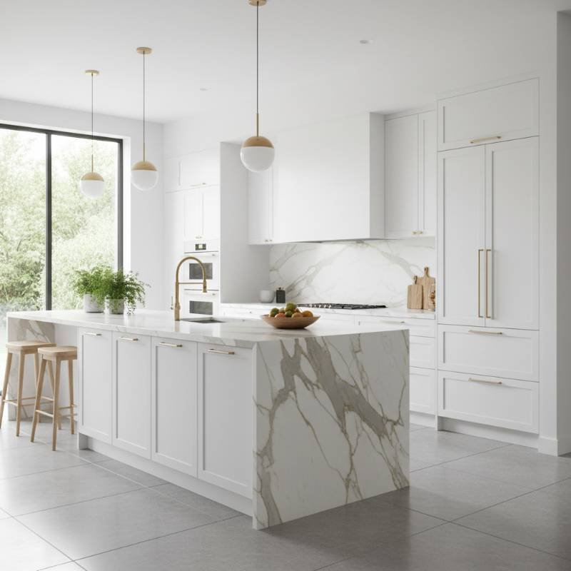 A bright, modern kitchen featuring sleek white cabinetry, gold hardware, and a marble waterfall island.