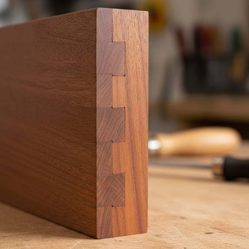 A close-up side view of a wooden drawer showing the interlocking wedge-shaped joints of a dovetail connection.